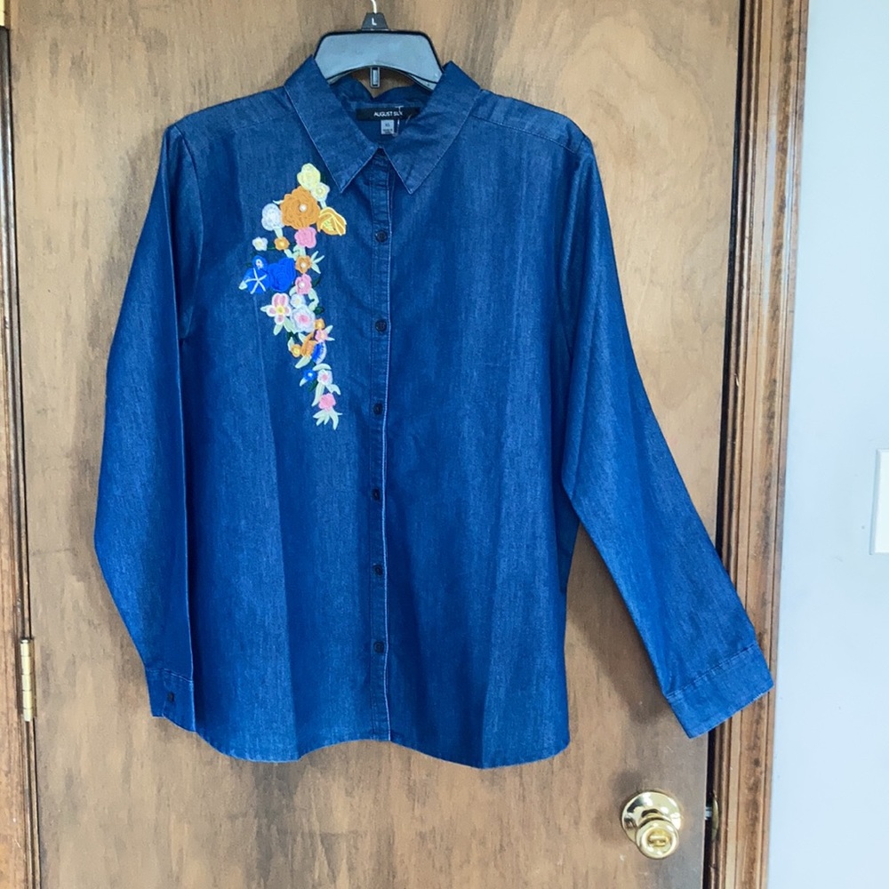 August Silk embroidered flowers w faux pearl button down shirt XL